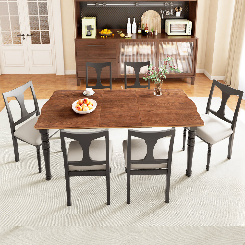 7-Piece Dining Table Set, 60inch to 78inch Extendable Wood Dining Table with Removable Leaf, Kitchen Table Set with 6 Upholstered Side Chair, Dining Table Set for 6