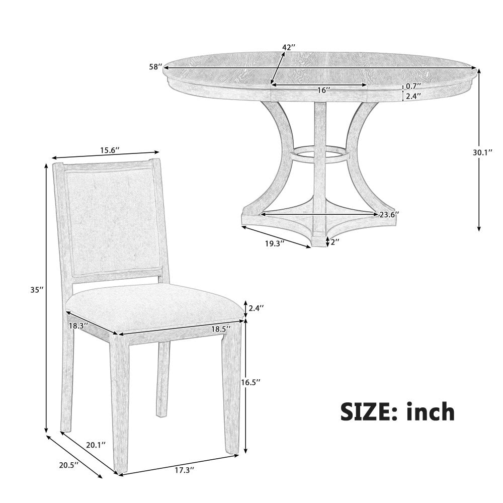 TREXM 5-Piece Retro Functional Dining Table Set Extendable Round Table and 4 Upholstered Chairs for Dining Room and Living Room (Espresso)