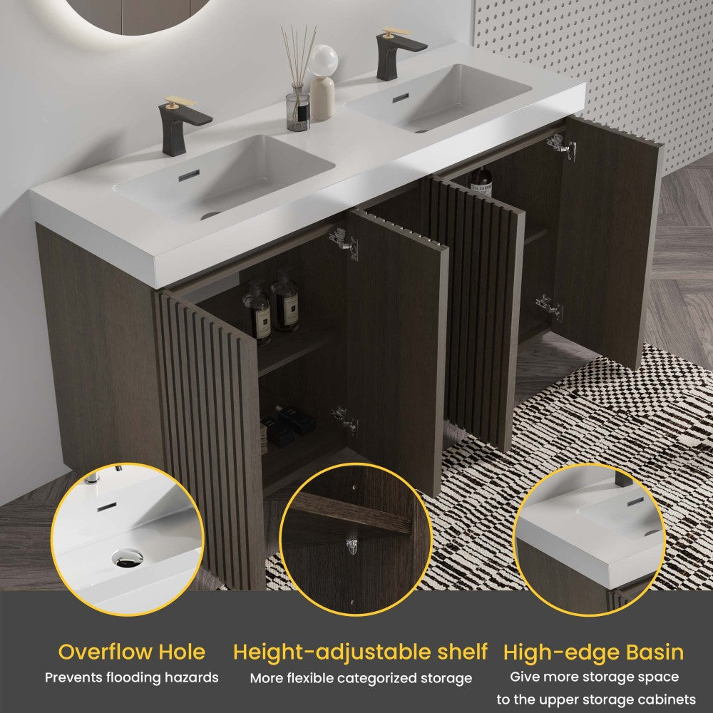 GALAN60F" Smoked Oak Bathroom Vanity with Sink, Large Storage Freestanding Bathroom Vanity for Modern Bathroom, One-Piece White Sink Basin without Drain and Faucet, KD