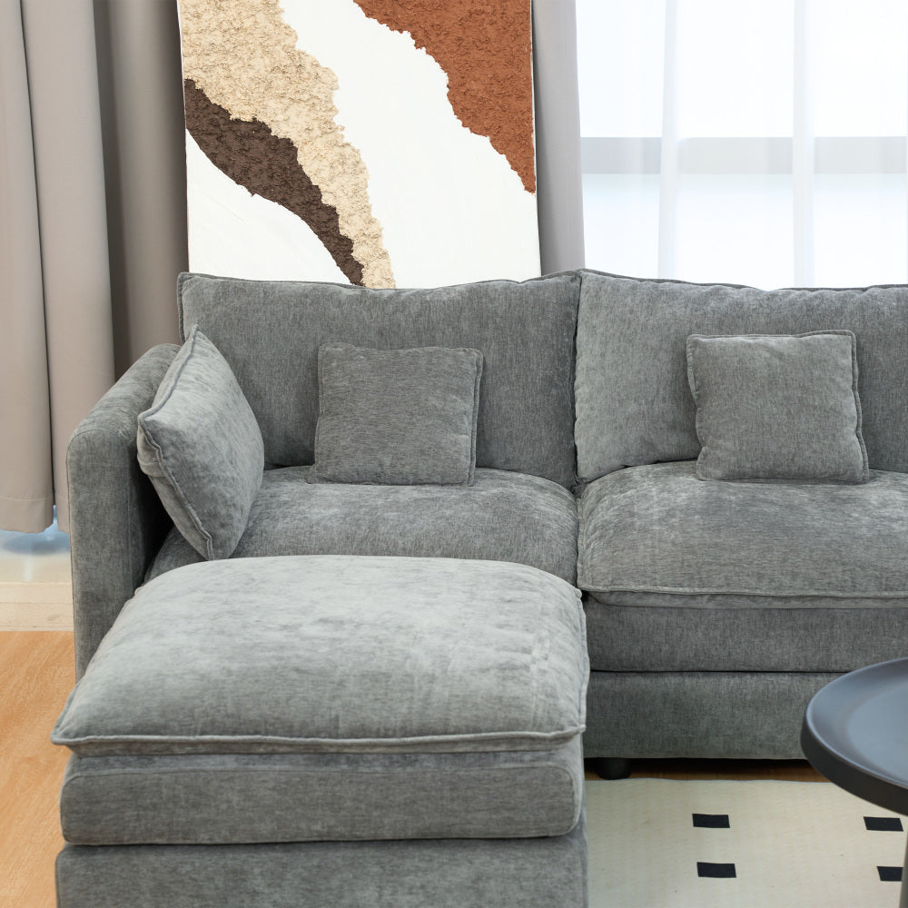 U Shaped Sectional Cloud Couch for Living Room,144" Comfy Fluffy Modular Sofa with Movable Ottoman Modern Chenille 6 Seat Sectional Sofa Set with Storage Box, Cup Holders, Grey