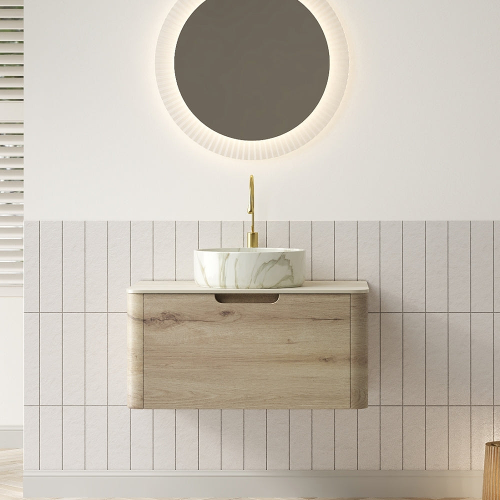 XAI 36" Bathroom Vanity with Sink, Floating Plywood Storage Cabinet with Drawer, Transparent Round Glass Basin and Roma Travertine-Pattern Sintered Stone Top, Pre-assembled, White Oak Woodgrain Color