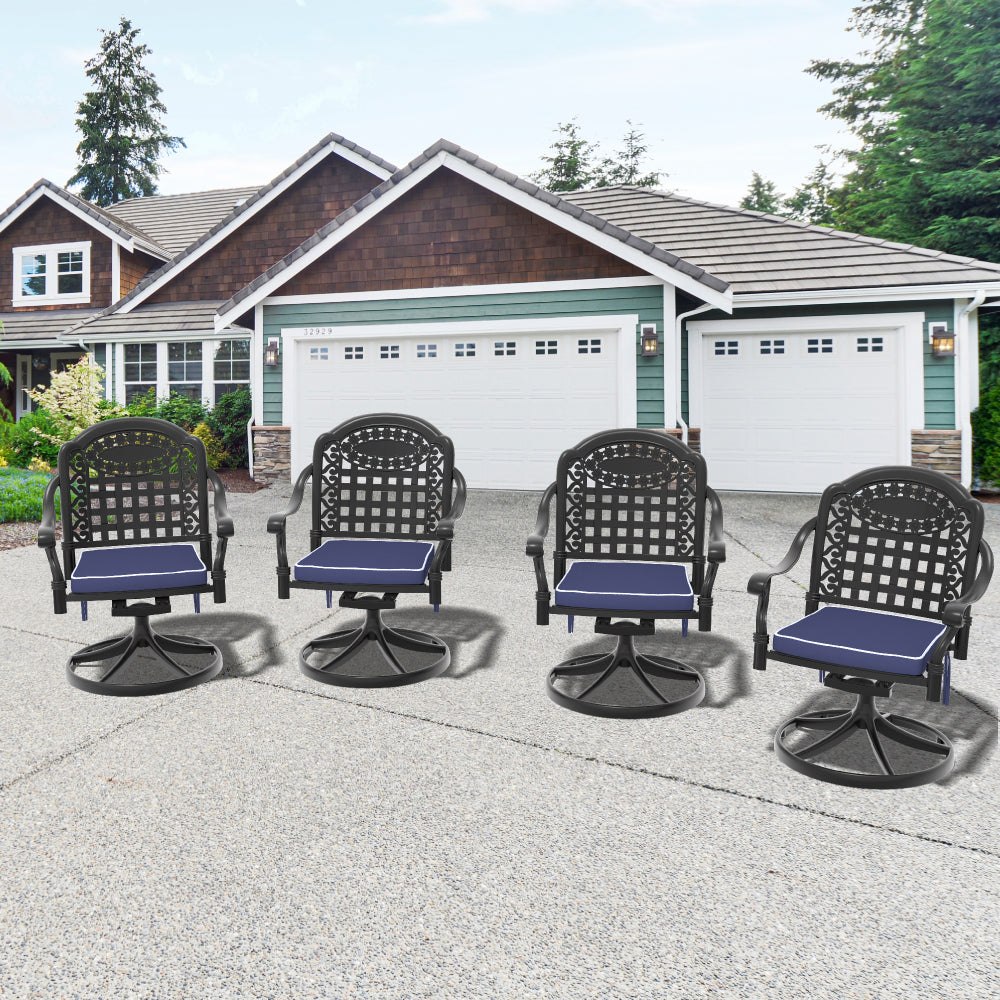 Cast Aluminum Patio Swivel Chair 4PCS With Black Frame and Brown Cushions