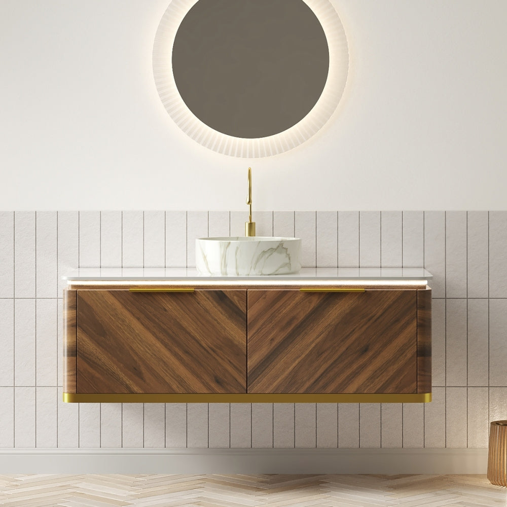 DIPA 36" Bathroom Vanity&Sink, Floating Plywood Storage Cabinet with Sensor Light, Drawer, Stone Pattern White Round Ceramic Vessel Basin&Sintered Stone Top, Pre-assembled, Dark Walnut Woodgrain Color