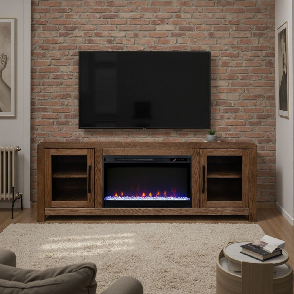 Haven 65 inch Fireplace TV Stand with Glass Doors, for TVs up to 75 inches, Minimal Assembly, Oak Bourbon Finish