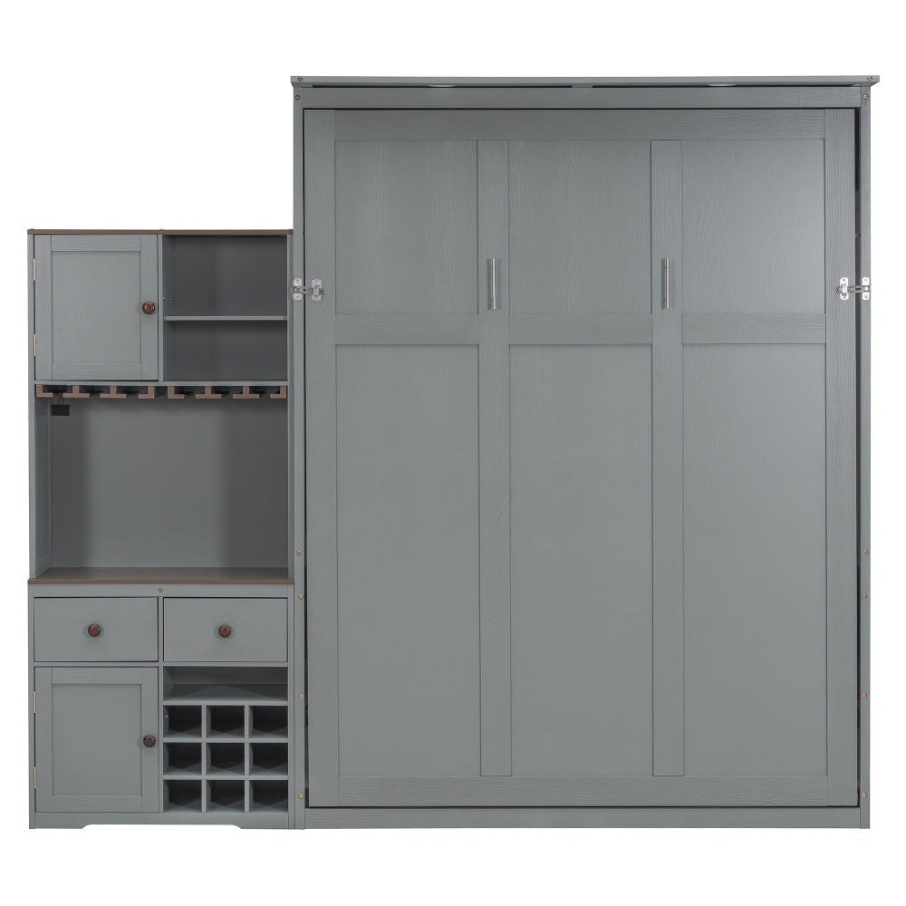 Queen Size Murphy Bed with Storage Cabinet, Wine Rack, Glass Holder, Drawers and Multi-Color LED Strip, Gray