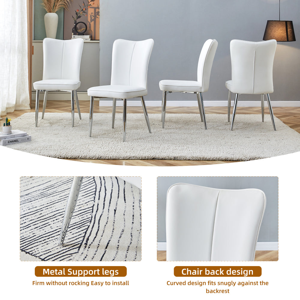 Table and chair set.With a Expandable mechanism,the Wood Grain MDF table top and silver metal legs and has a smooth surface.Paried With 4 White PU Chairs with a vertical stripe design on the backrest.