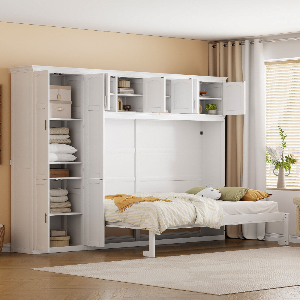 Twin Size Murphy Bed Wall Bed with Closet , Drawers & Desk-White