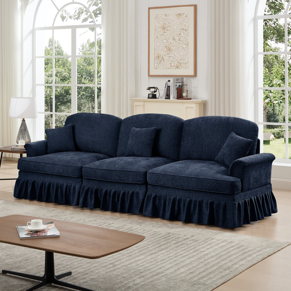 Elegant Mid Century Large 3 Seater Sofa Couch with Flared Arms and Removable Ruffles Pleats Skirts and Spindle Legs, Comfy Chenille Three-Seat Sofa for Living Room, Blue