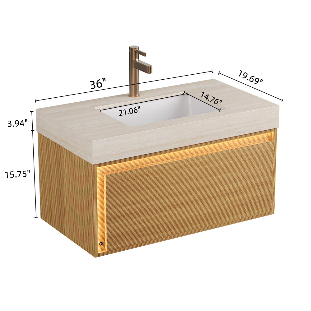 NYAH 36'' Bathroom Vanity&Sink, Floating Ultra-Slim Grille Plywood Storage Cabinet, Drawer, Sensor Light, Travertine-Pattern Sintered Stone Top&Ceramic Undermount Basin, Pre-assembled, Light Woodgrain
