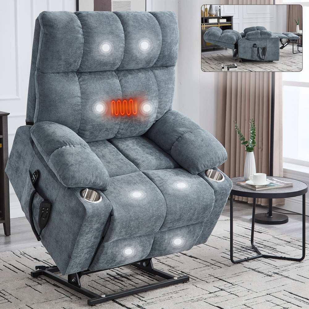 Beige Dual Motor Infinite Position Up to 350 LBS Chenille Power Lift Recliner Chair, Heavy Duty Motion Mechanism with 8-Point Vibration Massage and Lumbar Heating, Dual Cup Holders