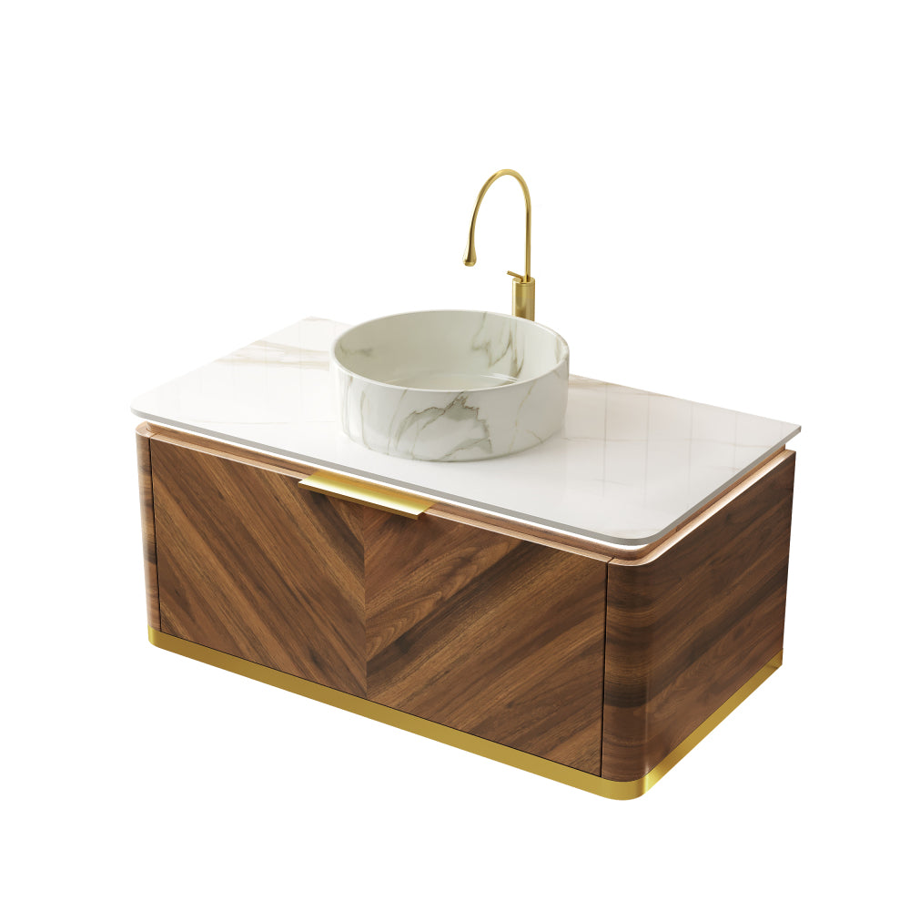 DIPA 36" Bathroom Vanity&Sink, Floating Plywood Storage Cabinet with Sensor Light, Drawer, Stone Pattern White Round Ceramic Vessel Basin&Sintered Stone Top, Pre-assembled, Dark Walnut Woodgrain Color