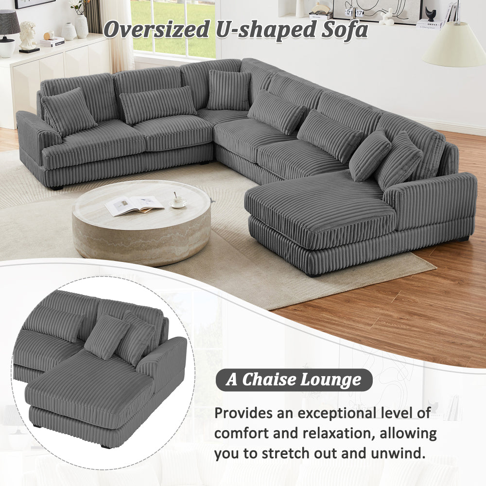129" Oversized Sectional Sofa U-shaped Sofa Couch Modern Sofa Upholstered in Soft Corduroy with a Chaise Lounge for Living Room, Dark Gray