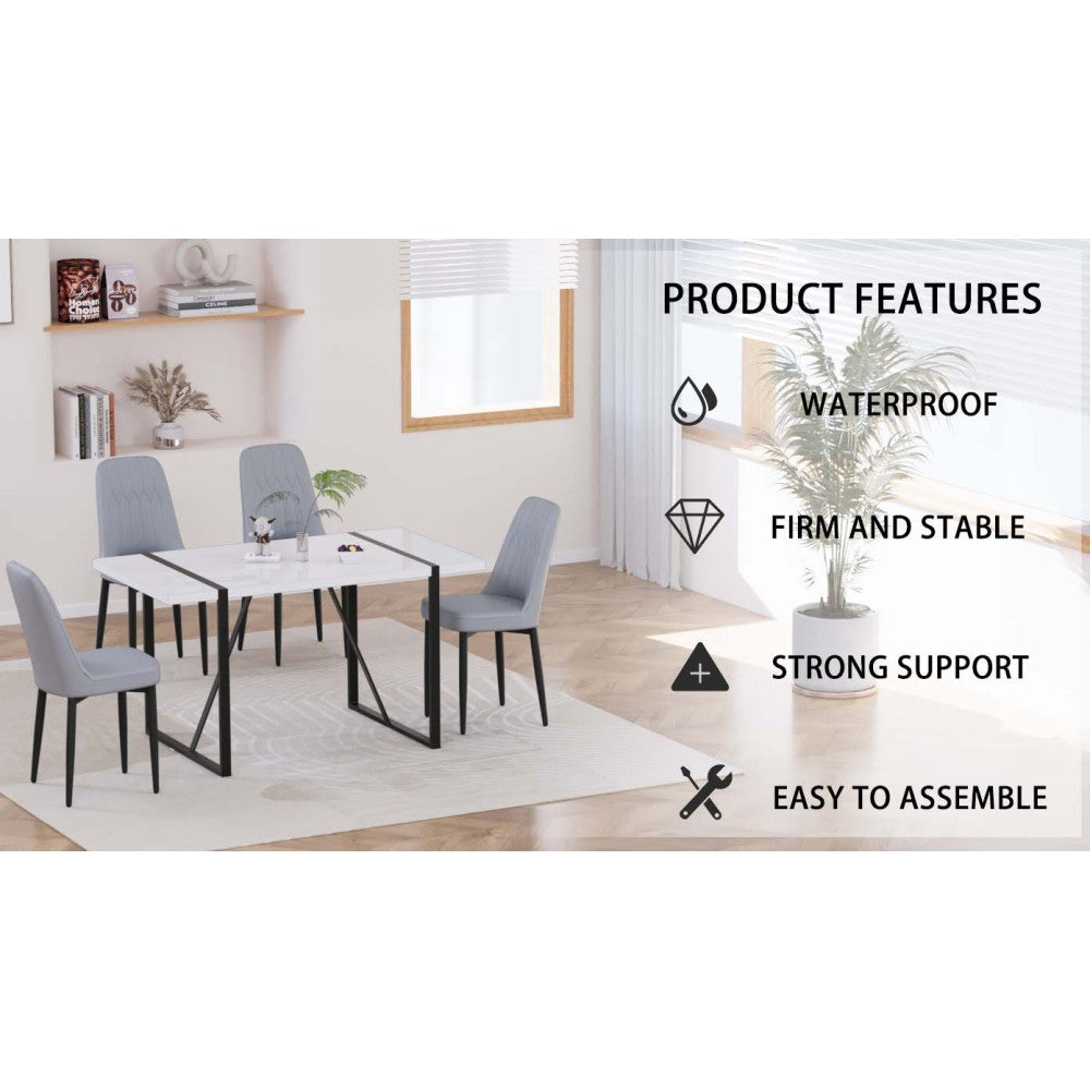 55 "4-person modern MDF dining table set, kitchen black metal leg dining table and chair set, industrial rectangular white tabletop and dining room thick padded PU dining chairs