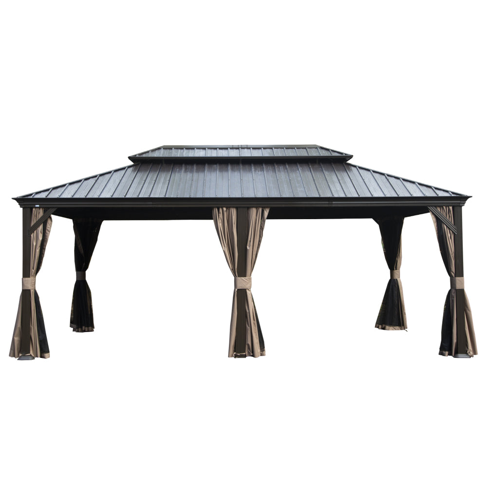 12' X 20' Hardtop Gazebo, Upgraded Metal Gazebo with Drainage System, Dual-Layer Galvanized Steel Roof, Curtain and Netting, Outdoor Shelter Canopy for Patio, Garden, and Backyard, Grey