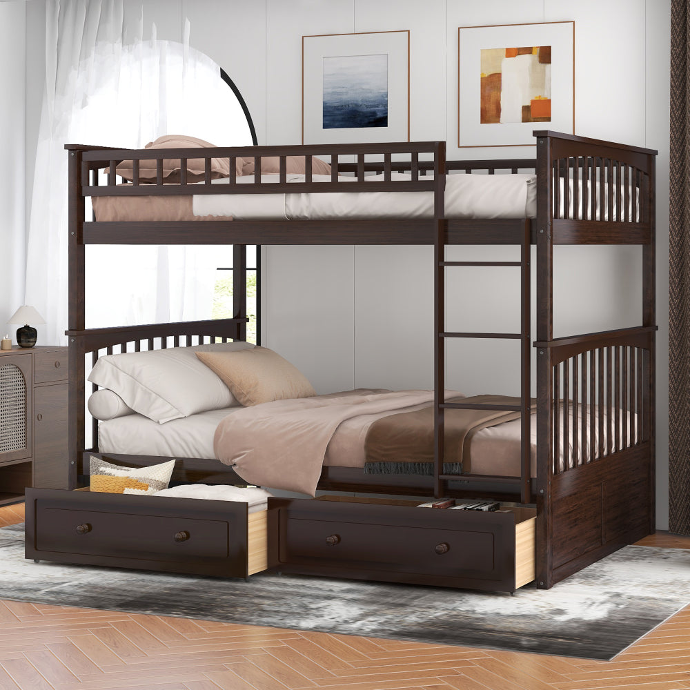 Twin over Full Bunk Bed with Drawers, Convertible Beds, White