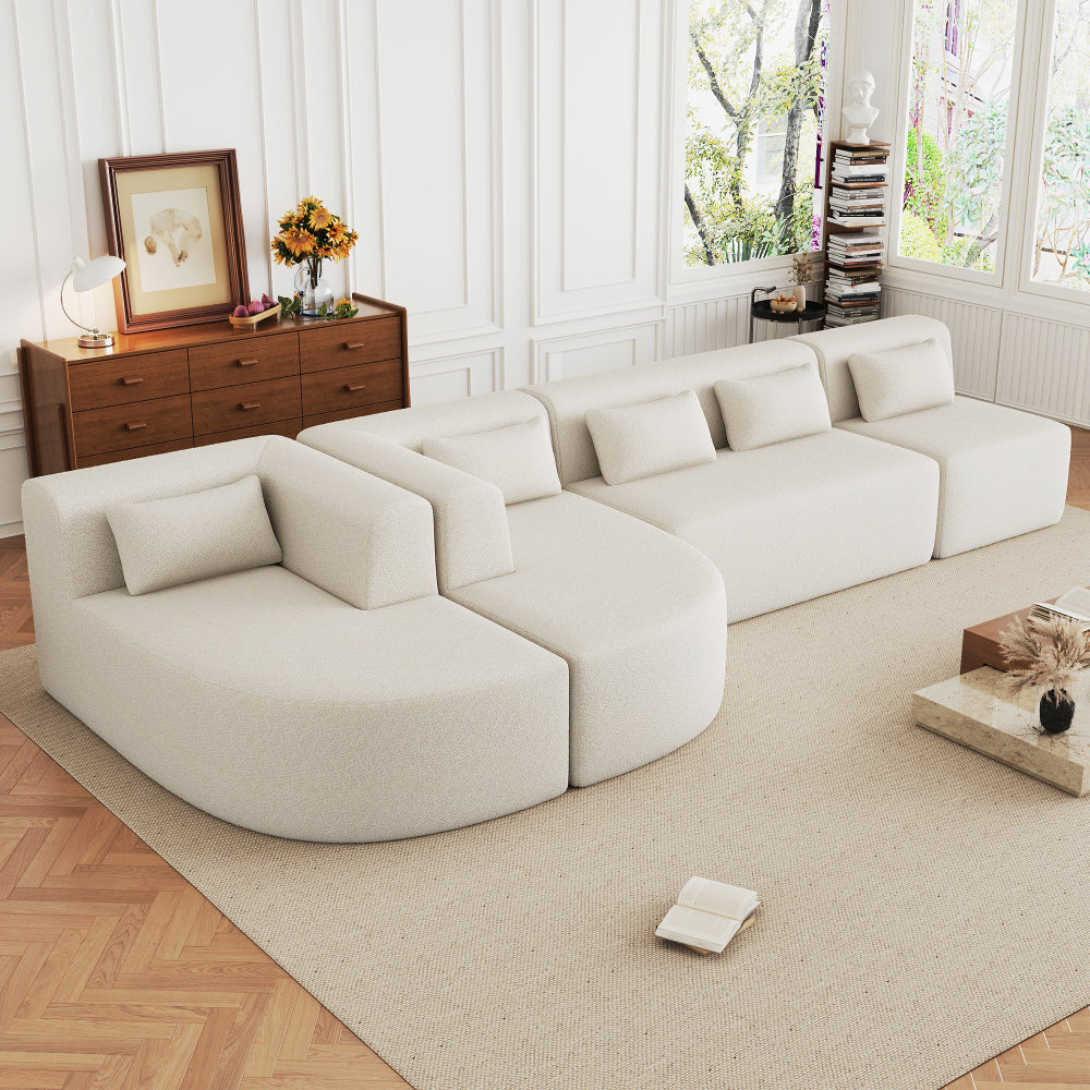 144" Upholstered Sofa Free-combined Sofa Couch with Two Chaise Lounge and Five Back Pillows for Living Room, Pink