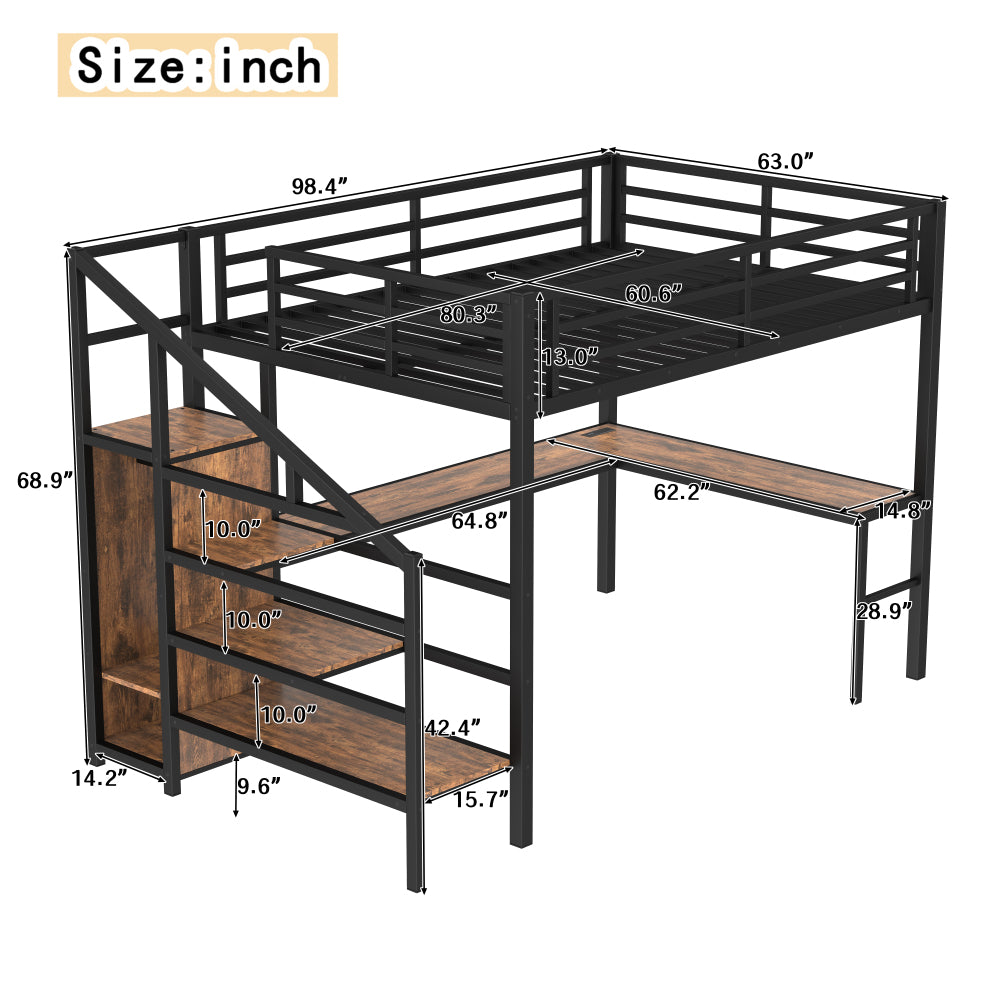 Queen Size Loft Bed with L-shaped Desk and USB, Metal Loft Bed with Wardrobe and Adjustable Shelf, High Loft Bed with LED for Kids Teens Adults, Wood-grain