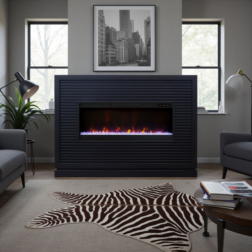 Riviera 64 inch Fireplace Mantel, Minimal Assembly, Solid Wood, Black Finish
