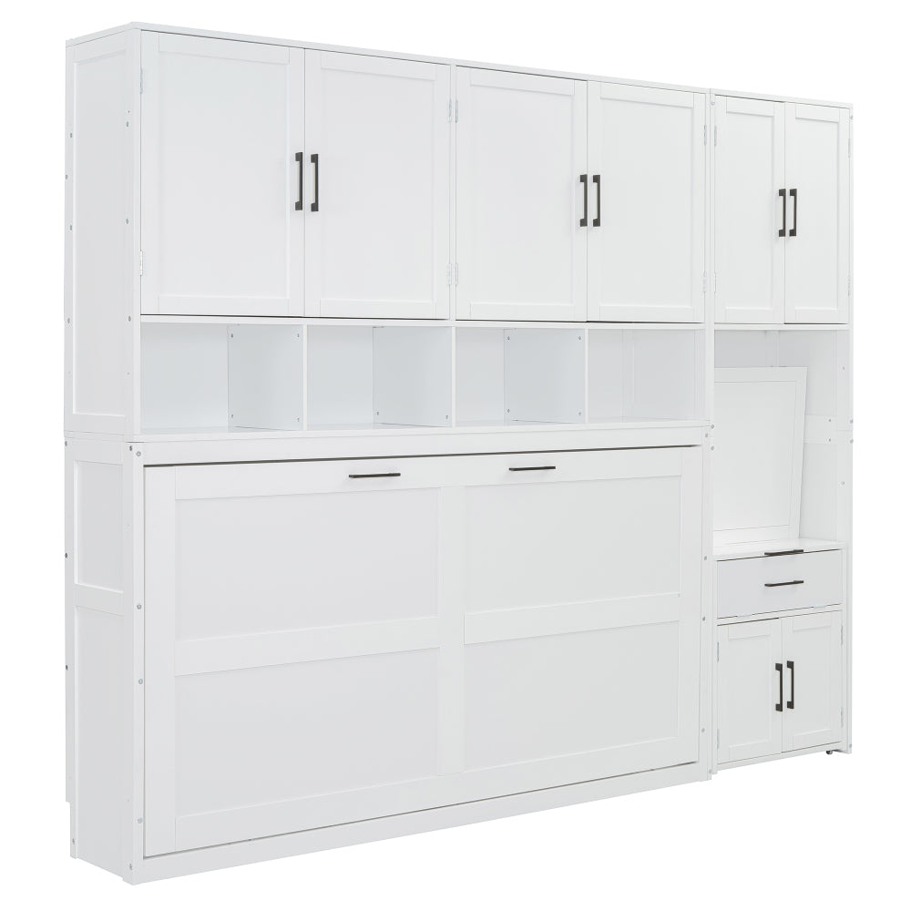 Twin Size Murphy Bed Wall Bed with Closet , Drawers & Desk-White