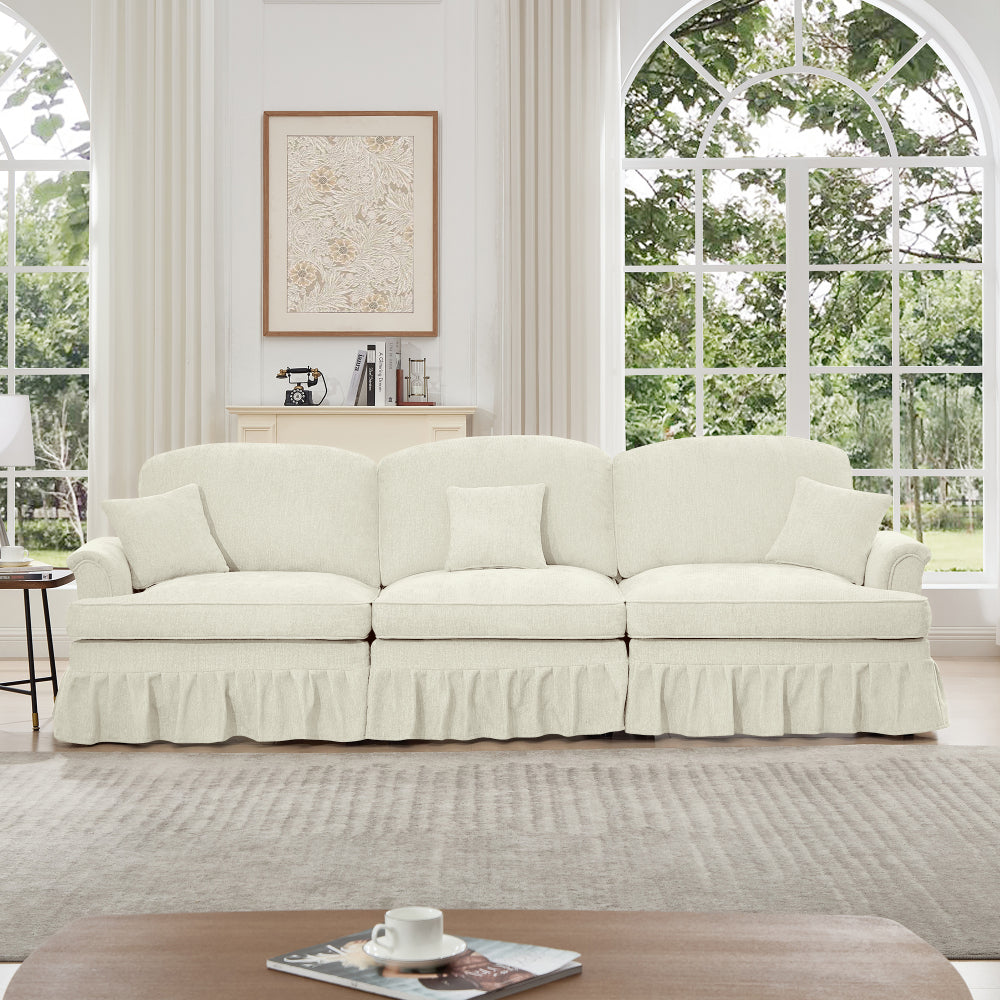 Elegant Mid Century Large 3 Seater Sofa Couch with Flared Arms and Removable Ruffles Pleats Skirts and Spindle Legs, Comfy Chenille Three-Seat Sofa for Living Room, Blue