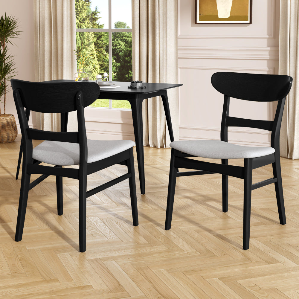 Mid-Century Modern 5-Piece Dining Set, Rubberwood Frame, One Table and 4 Upholstered Chairs, Black +Light Gray