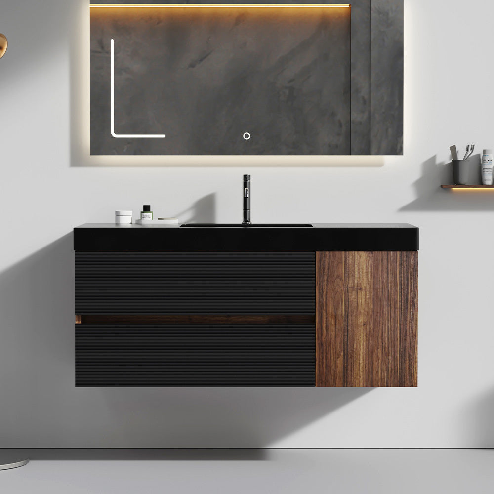 Grace 36" Rough Oak+Rough Oak Bathroom Vanity with White Engineered Quartz Sink and Soft Drawers, Wall Mounted Floating Bathroom Vanity for Modern Bathroom, One-Piece White Glossy Basin, KD