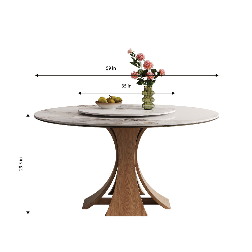 59-inch Modern Sintered Stone Dining Table, Equipped with a 35-Inch Round Turntable, Seating 6-8 People, with a Unique Walnut-colored Wooden Base