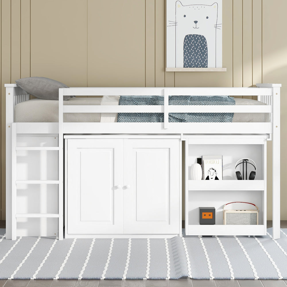 Twin Loft Bed with Storage Cabinet, Drawer and Shelf Cabinet and Pulling-Out Desk, Rubber Wood Loft Bed with Safety Guardrail, Ladder,Grey657