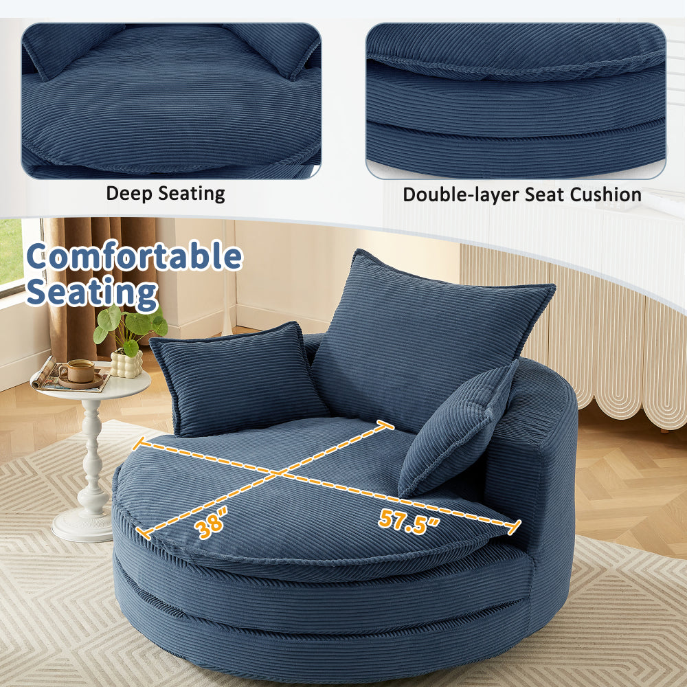 360° Swivel Sofa Chair Accent Barrel Chair 57.5" Swivel Round Chair with Dual-layer Cushion Design and 3 Removable Pillows for Living Room, Bedroom, Office and Hotel, Blue