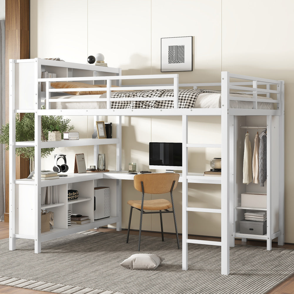 Metal Loft Bed with Wardrobe And L-shaped Desk, Queen Size Loft Bed with Storage Cubes and Shelves, Heavy Duty Loft Bed for Kids Teens Adults, Black Woodgrain