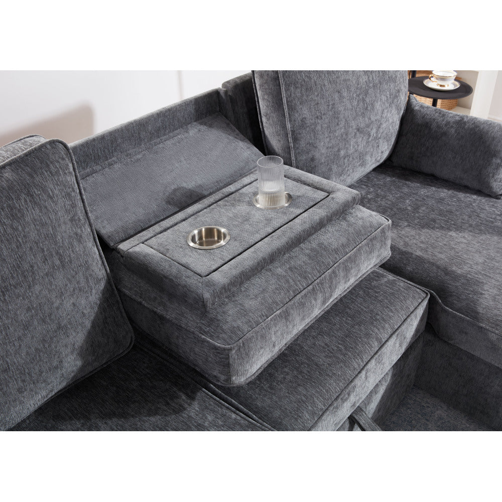Emmy 89"W Dark Gray Fabric Sleeper Sectional Sofa with Reversible Storage Chaise, USB & USB-C Charging Ports, Cupholders, Pillows
