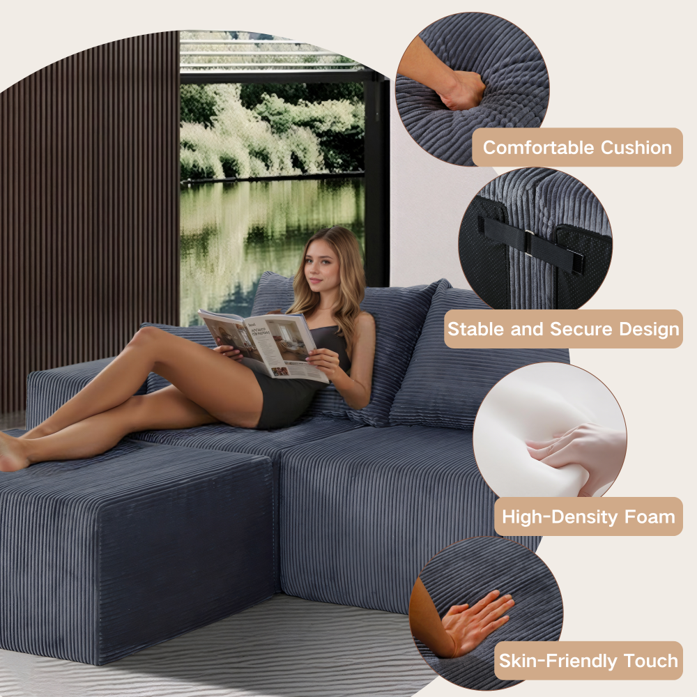 8-Piece Modular U-Shaped Sectional Sofa, Large Convertible Couch with Oversized Chaise Lounge and Bed, Luxury Corduroy Upholstery, No Assembly Needed, Family Sofa Set for Living Room,Grey