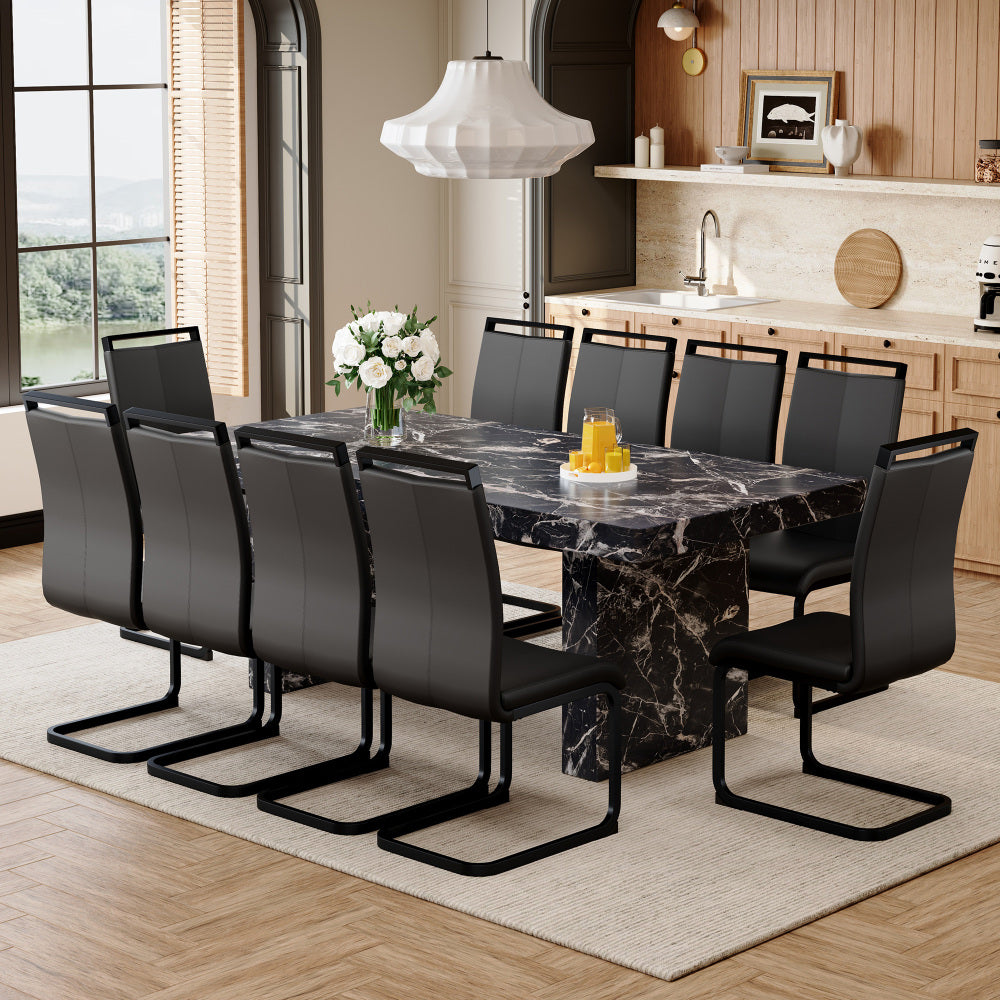 Table and chair set.78.7"*39.4"*29.9"inches MDF Luxurious Black Marble Pattern Dining Table,With a 3.5-inch thick tabletop.Paired with 10 Black PU Chairs With C-tube Black Metal Chair Legs.W1151S03925