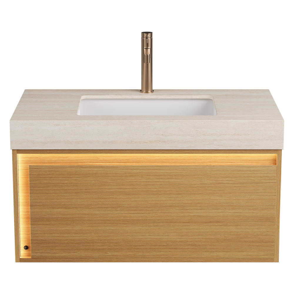 NYAH 36'' Bathroom Vanity&Sink, Floating Ultra-Slim Grille Plywood Storage Cabinet, Drawer, Sensor Light, Travertine-Pattern Sintered Stone Top&Ceramic Undermount Basin, Pre-assembled, Light Woodgrain