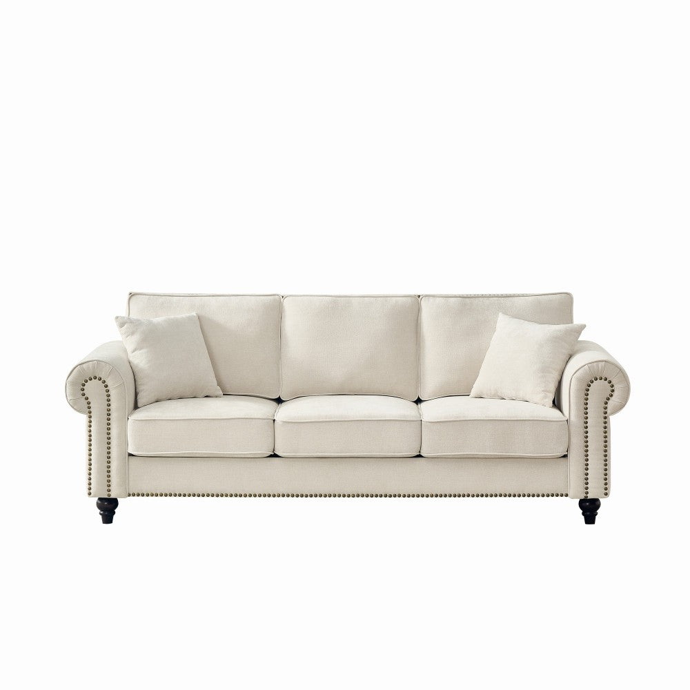 86" Modern 3-Seater Sofa with Rolled Arms,Chenille Upholstered Couch with Wood Legs and Nailhead Trim for Living Room, Apartment,Beige