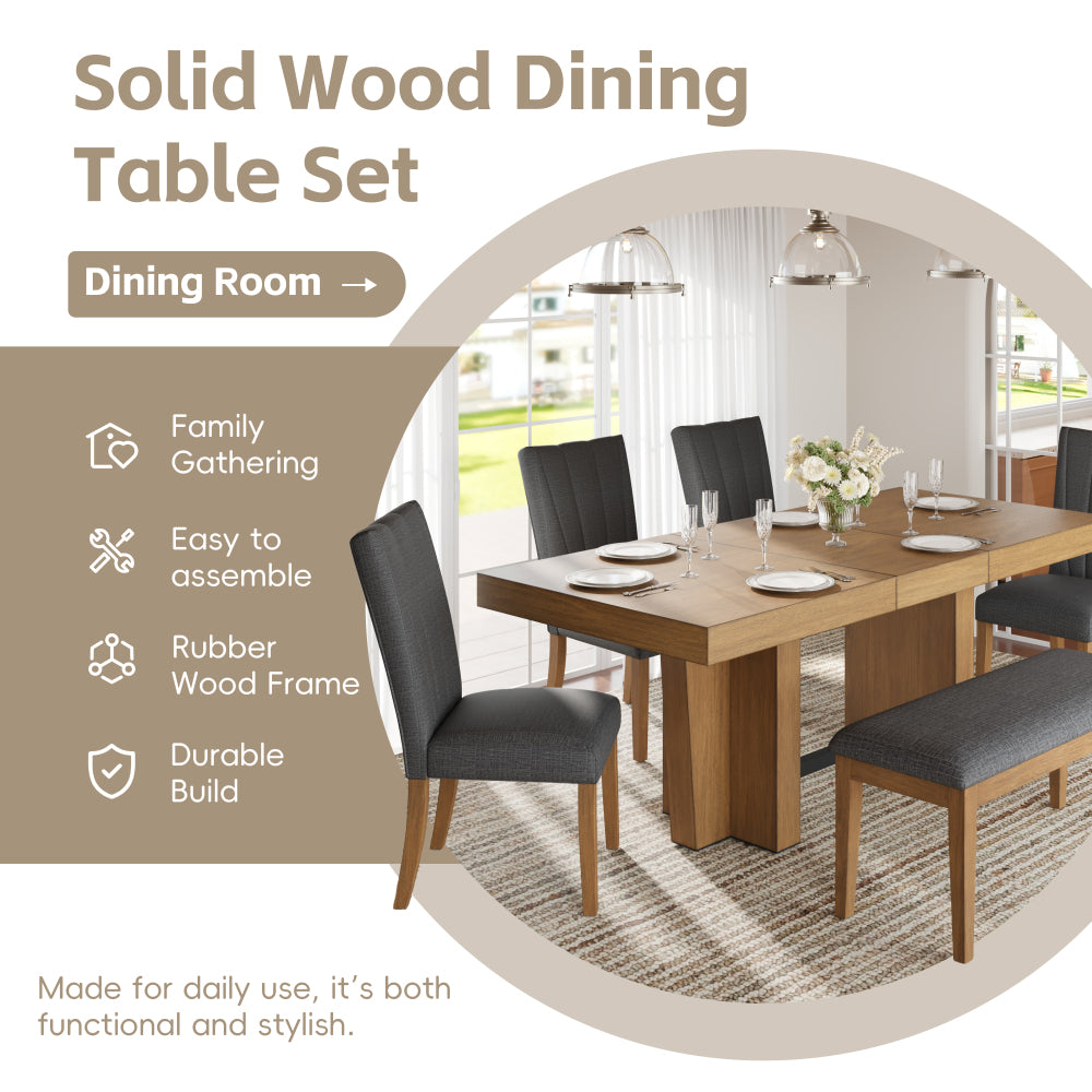 TOPMAX Farmhouse 78.1inch Extendable Wood Dining Table Set for 6, Kitchen Table Set with Bench and 4 Upholstered Chairs,3.8inch Thick Tabletop and Trestle Legs for Kitchen, Dining Room, Gray