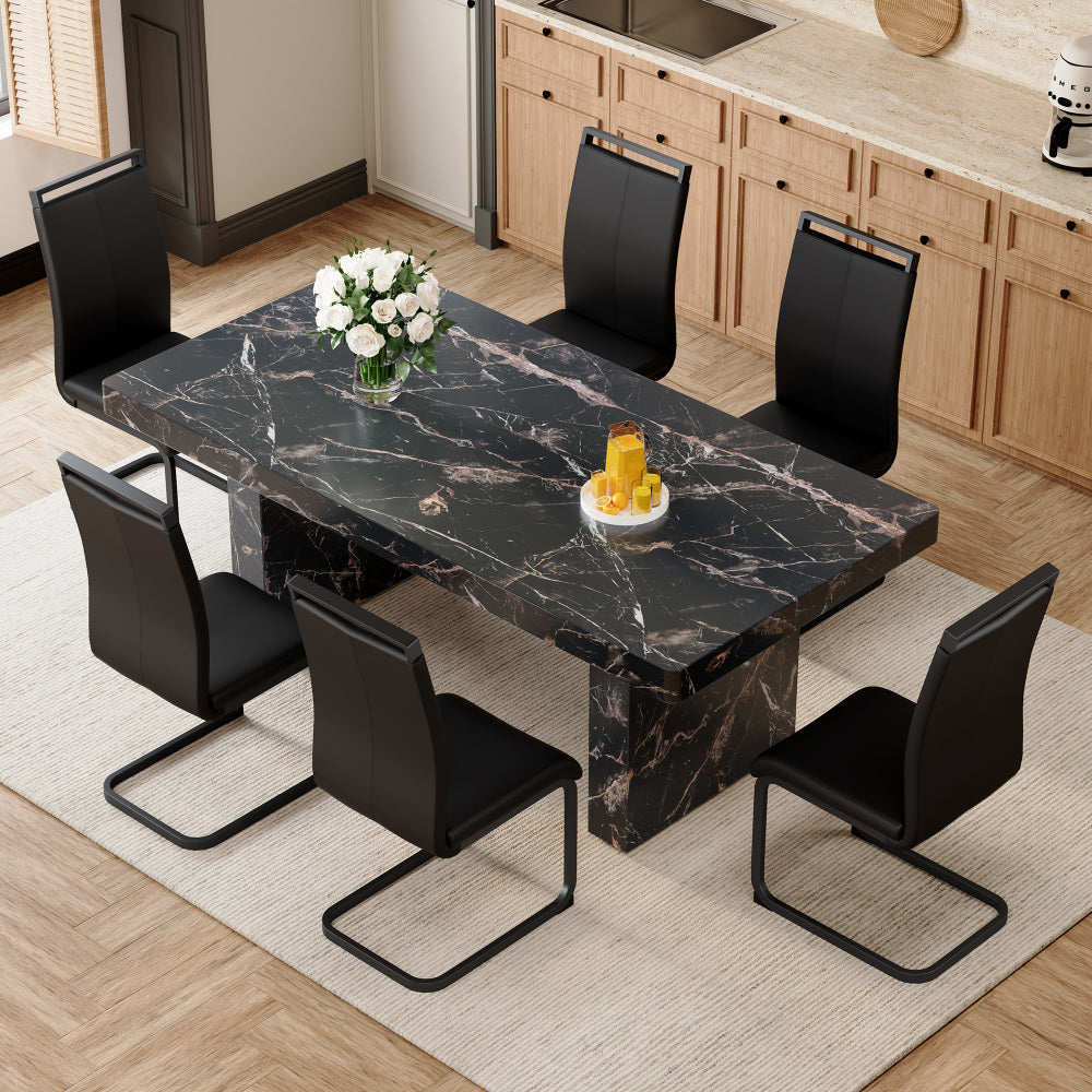 Table and chair set.78.7"*39.4"*29.9"inches MDF Luxurious Black Marble Pattern Dining Table,With a 3.5-inch thick tabletop.Paired with 10 Black PU Chairs With C-tube Black Metal Chair Legs.W1151S03925
