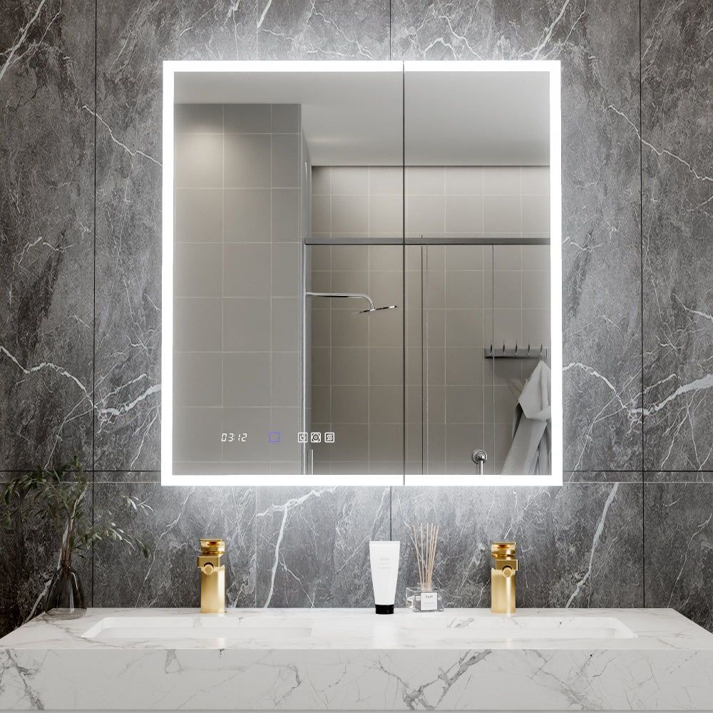 30*32 inch Smart LED Medicine Cabinet with GFCI Outlet & Blum Hinges,Front&Backlit ,Buil Built-in High-Power Outlet ,Stepless Dimming & Anti-Fog,Integrated Design,Multifunctional Bathroom Storage