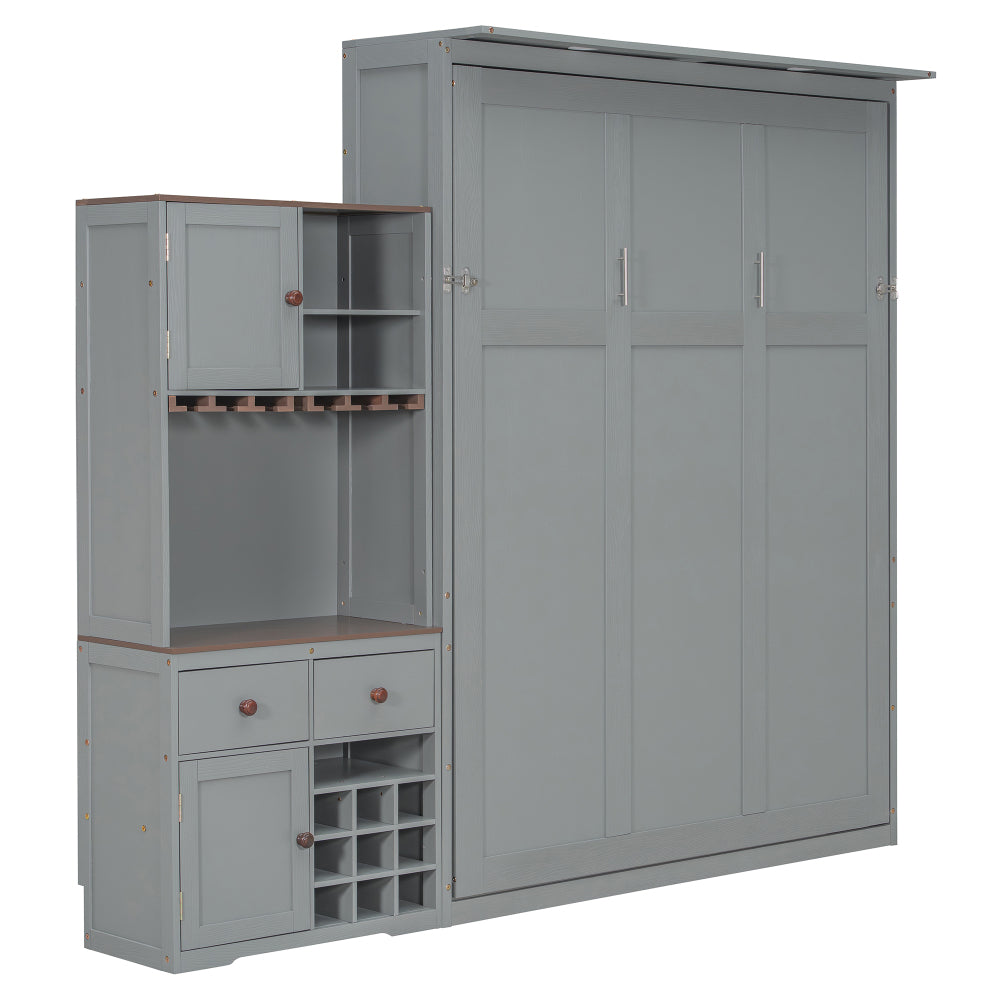 Queen Size Murphy Bed with Storage Cabinet, Wine Rack, Glass Holder, Drawers and Multi-Color LED Strip, Gray