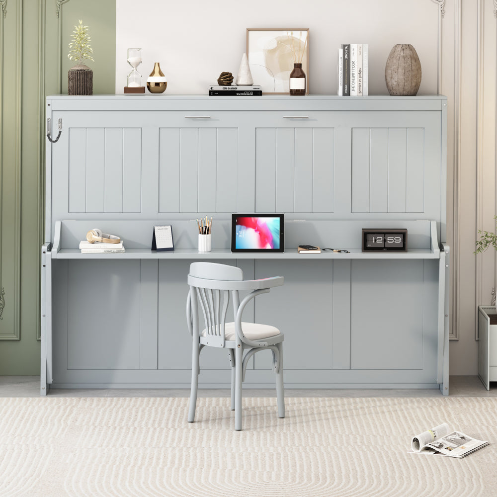 Queen Size Murphy Bed with Hydraulic Lift & Desk Design, White(OLD SKU: N820S00033K)