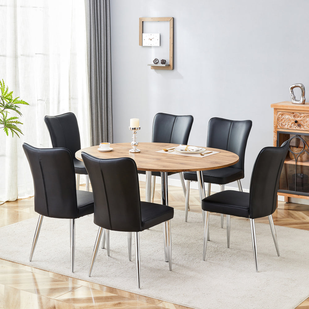Table and chair set.With a Expandable mechanism,the Wood Grain MDF table top and silver metal legs and has a smooth surface.Paried With 4 White PU Chairs with a vertical stripe design on the backrest.