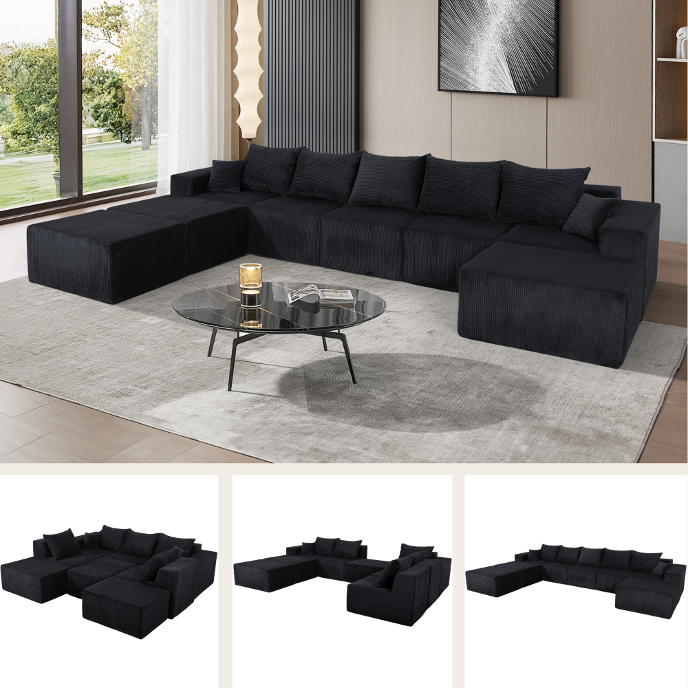 8-Piece Modular U-Shaped Sectional Sofa, Large Convertible Couch with Oversized Chaise Lounge and Bed, Luxury Corduroy Upholstery, No Assembly Needed, Family Sofa Set for Living Room,Grey