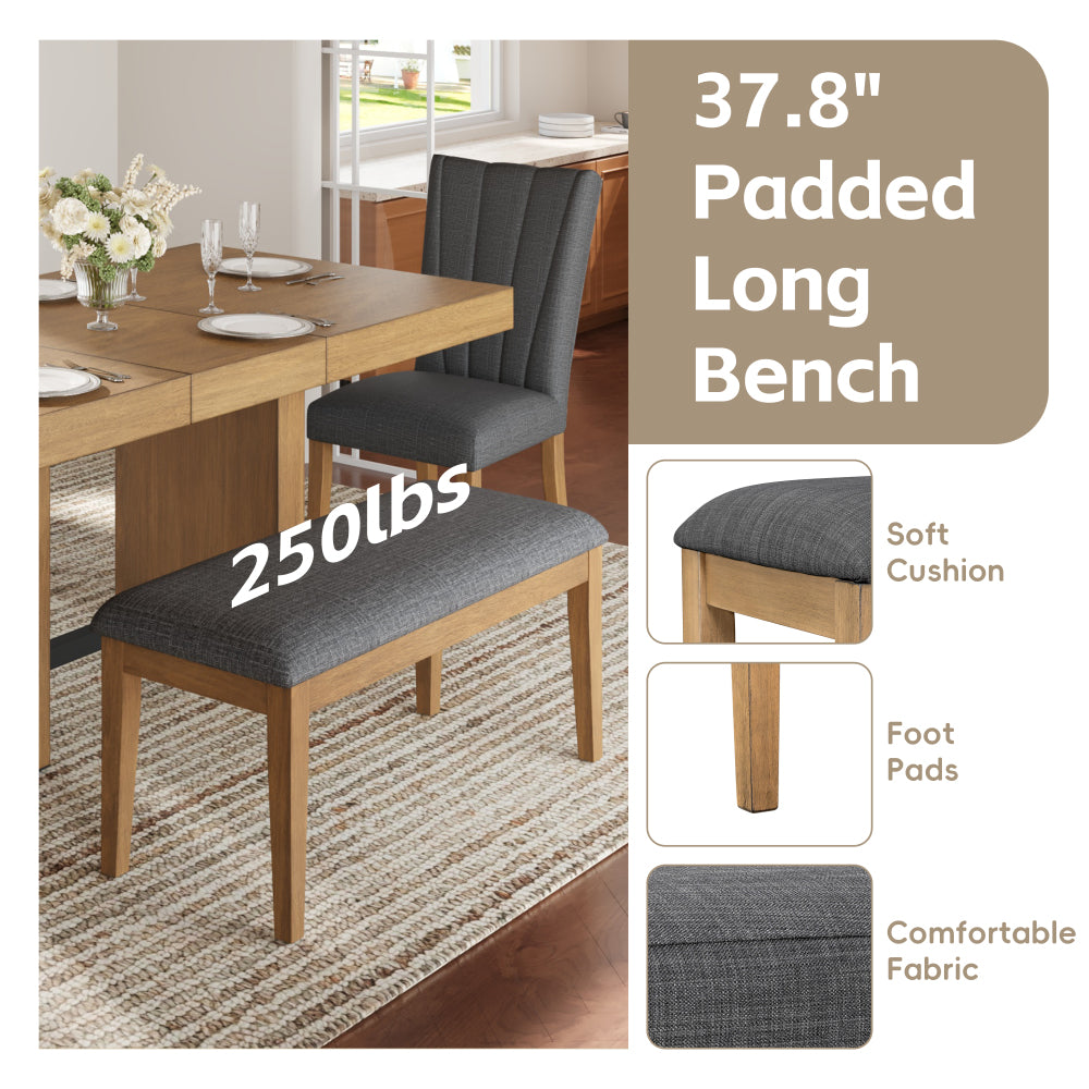 TOPMAX Farmhouse 78.1inch Extendable Wood Dining Table Set for 6, Kitchen Table Set with Bench and 4 Upholstered Chairs,3.8inch Thick Tabletop and Trestle Legs for Kitchen, Dining Room, Gray