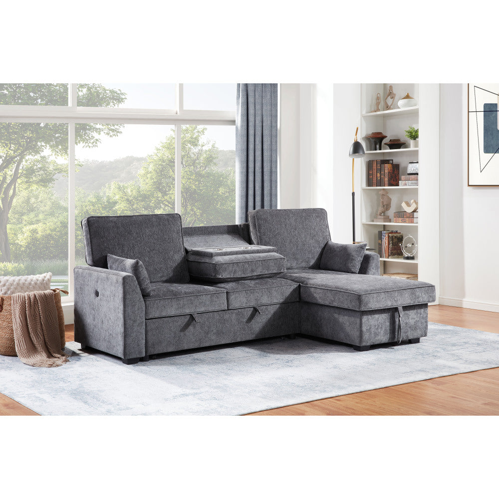 Emmy 89"W Dark Gray Fabric Sleeper Sectional Sofa with Reversible Storage Chaise, USB & USB-C Charging Ports, Cupholders, Pillows