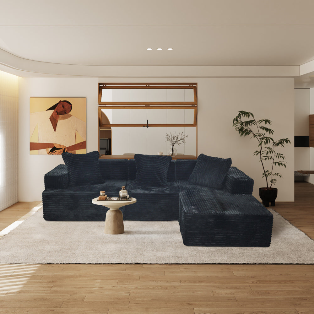 Compression Sectional Couch with Comfy Chaise, Boneless L Shape Sofa with Deep Seat, Minimalist Modular Couches Sleeper for Living Room Bedroom Apartment Lounge,corduroy,Black