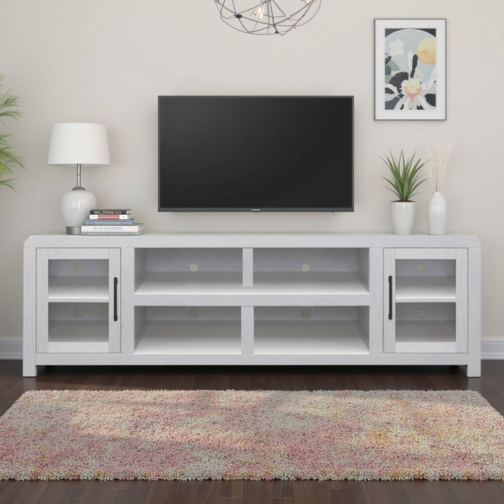 Haven 82 inch TV Stand with Glass Doors, for TVs up to 90 inches, No Assembly Required, White Finish