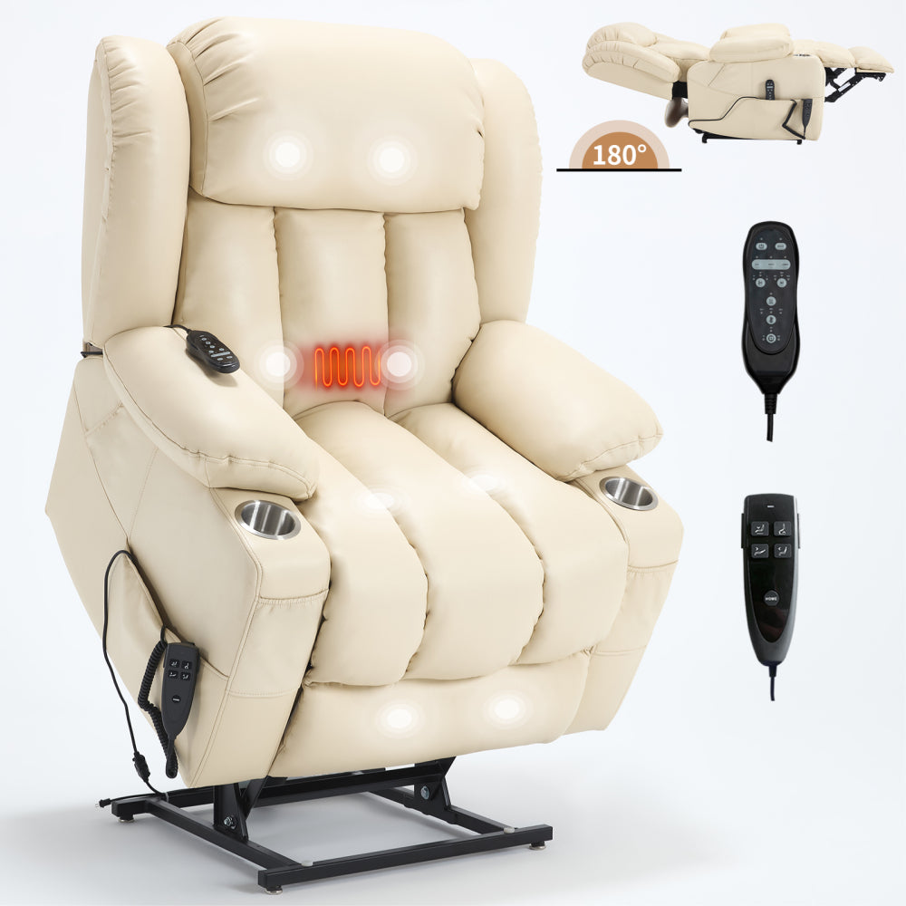 Dual Motor Infinite Position Up to 350 LBS Leatherair Power Lift Recliner Chair, Heavy Duty Motion Mechanism with 8-Point Vibration Massage and Lumbar Heating, Stainless steel Cup Holders, Beige
