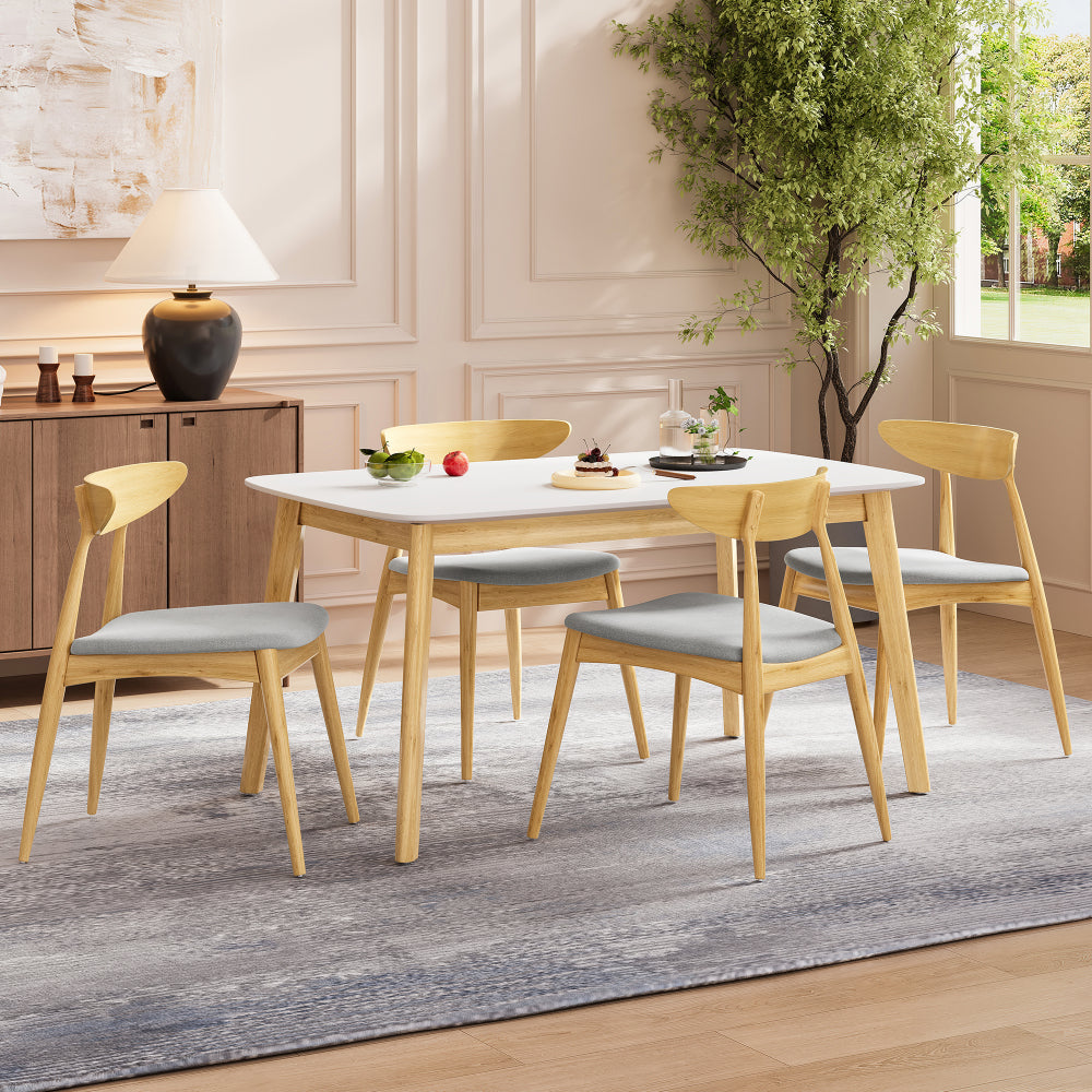 5-Piece Dining Set, 1 Table + 4 Chairs, Rubberwood Frame, Ergonomic Chairs & Faux Wood Table, Natural+Grey+White Oak