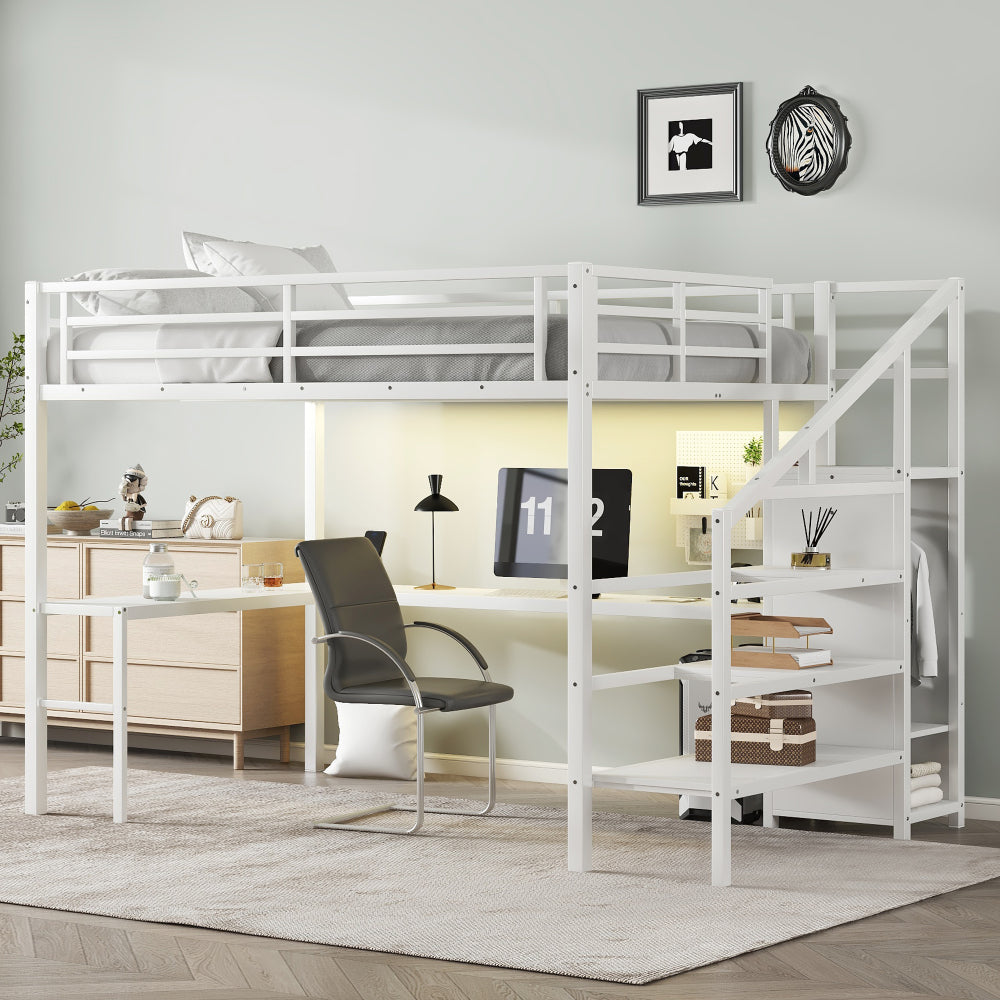 Queen Size Loft Bed with L-shaped Desk and USB, Metal Loft Bed with Wardrobe and Adjustable Shelf, High Loft Bed with LED for Kids Teens Adults, Wood-grain