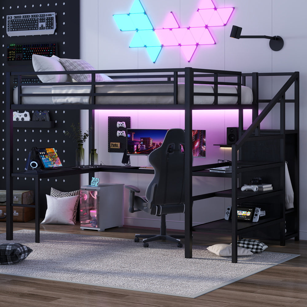 Queen Size Loft Bed with L-shaped Desk and USB, Metal Loft Bed with Wardrobe and Adjustable Shelf, High Loft Bed with LED for Kids Teens Adults, Wood-grain